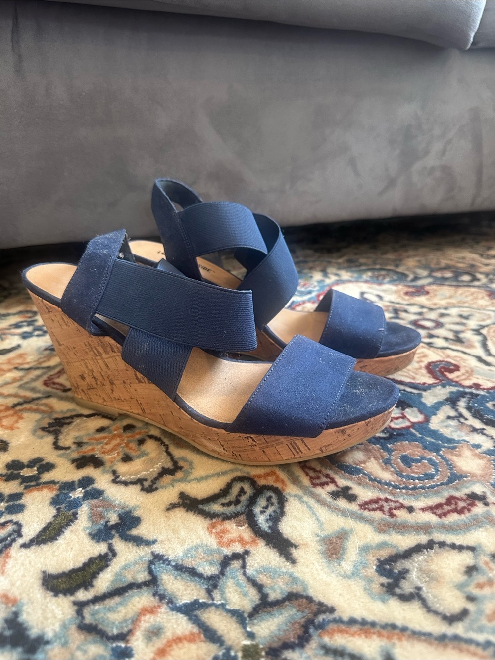 Lower East Side Women's Navy Elastic Strap Cork Wedge Sandals Size 9.5 W